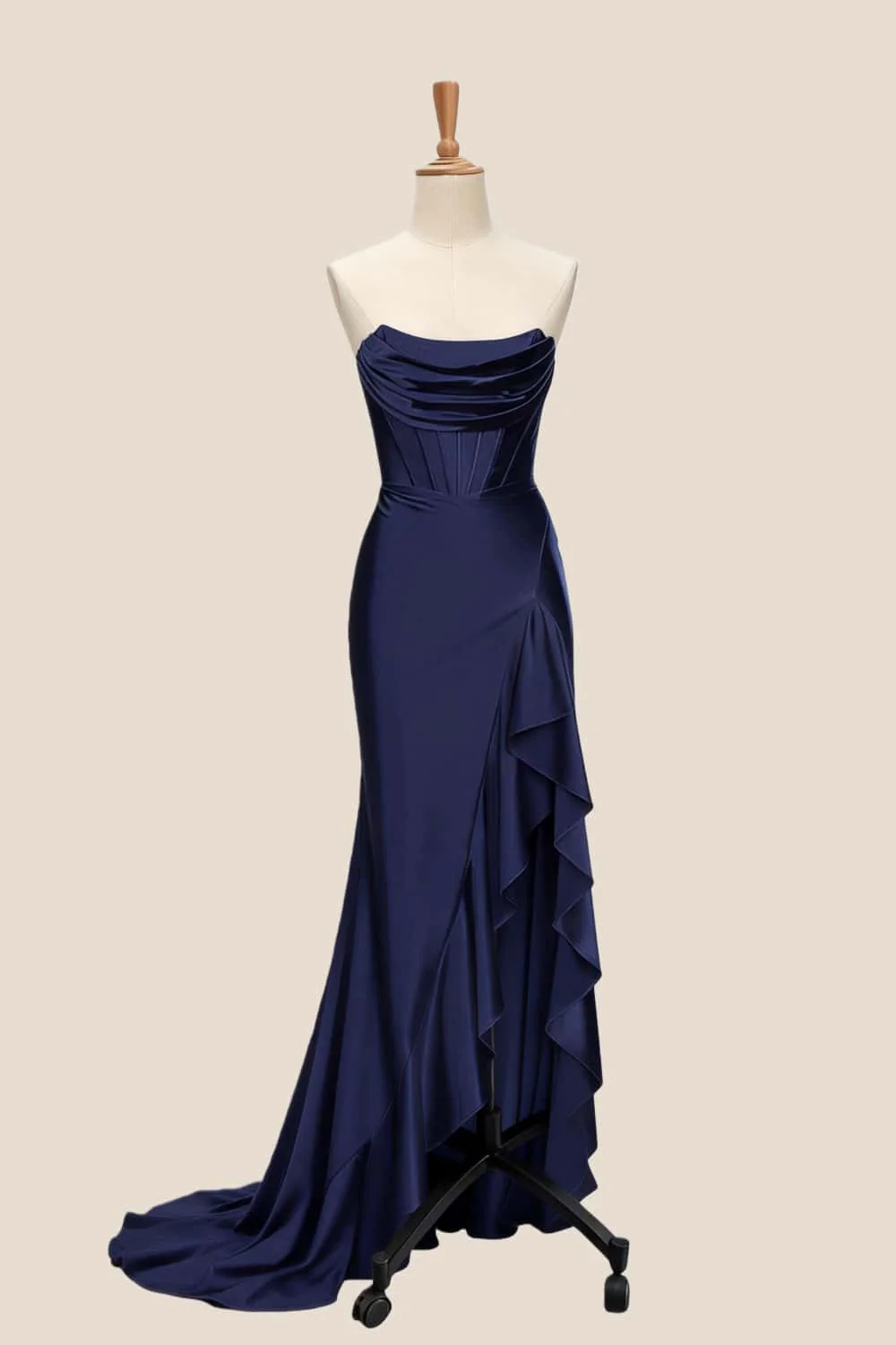Light Blue Satin Cowl Neck Frill Slit Long Dress - Image 7