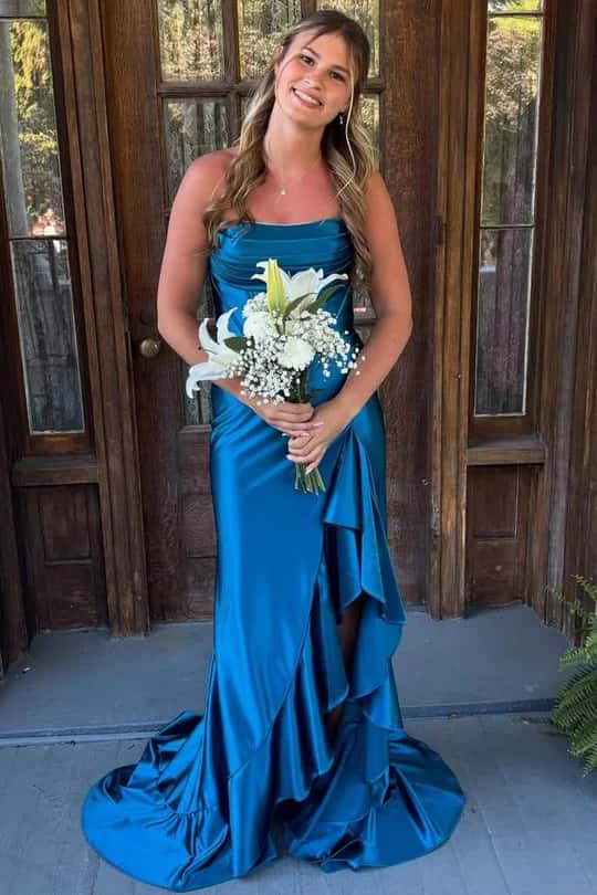 Light Blue Satin Cowl Neck Frill Slit Long Dress - Image 9