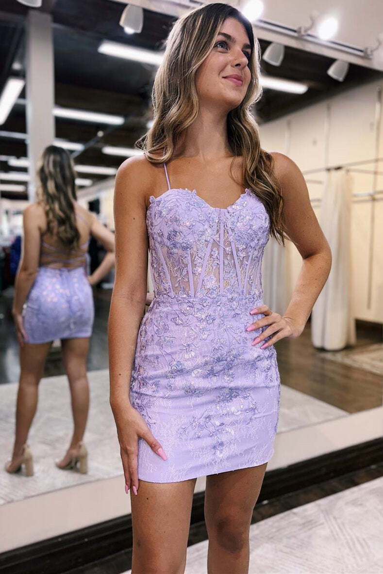 Light Blue Sheer Bodice Short Dress with Sequin - Image 2