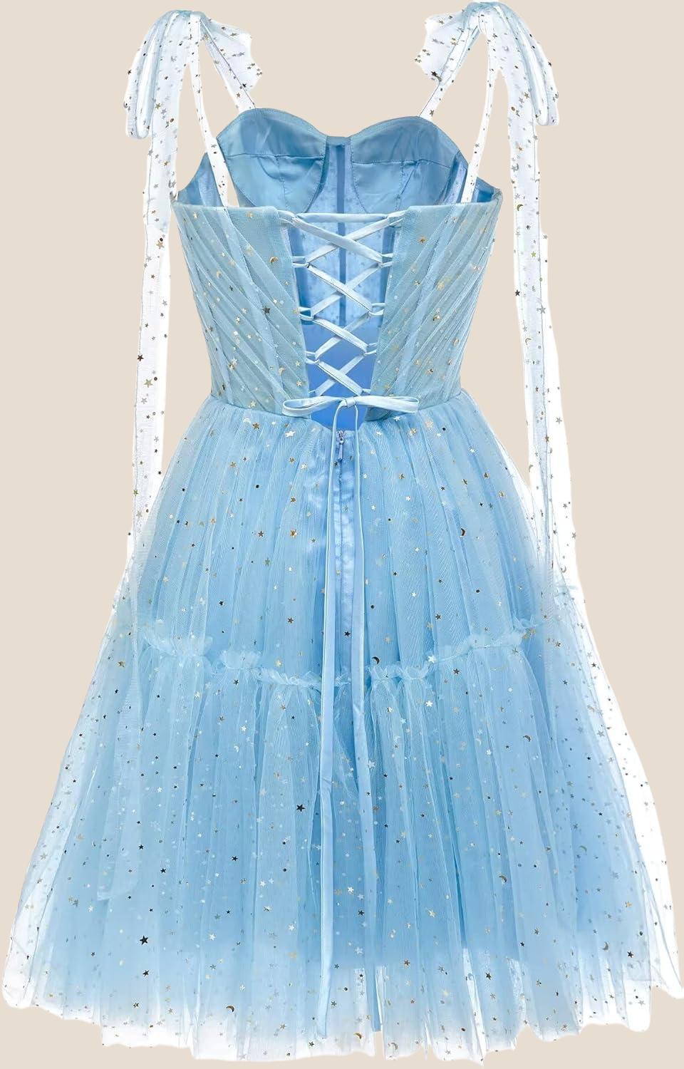Light Blue Sparkly Starry Tulle Homecoming Dress - Image 2