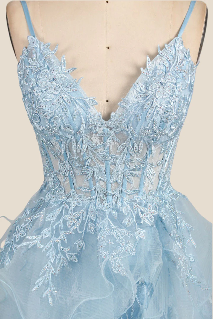 Light Blue Straps Appliques Tiered Ruffles Princess Dress - Image 2