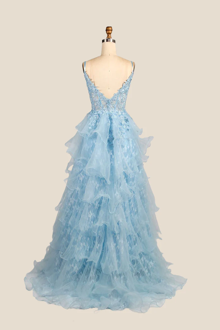 Light Blue Straps Appliques Tiered Ruffles Princess Dress - Image 3