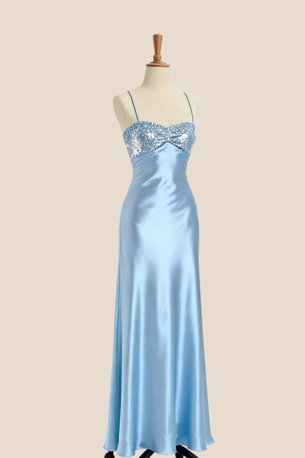 Light Blue Straps Satin Fitted Party Dress - Image 3