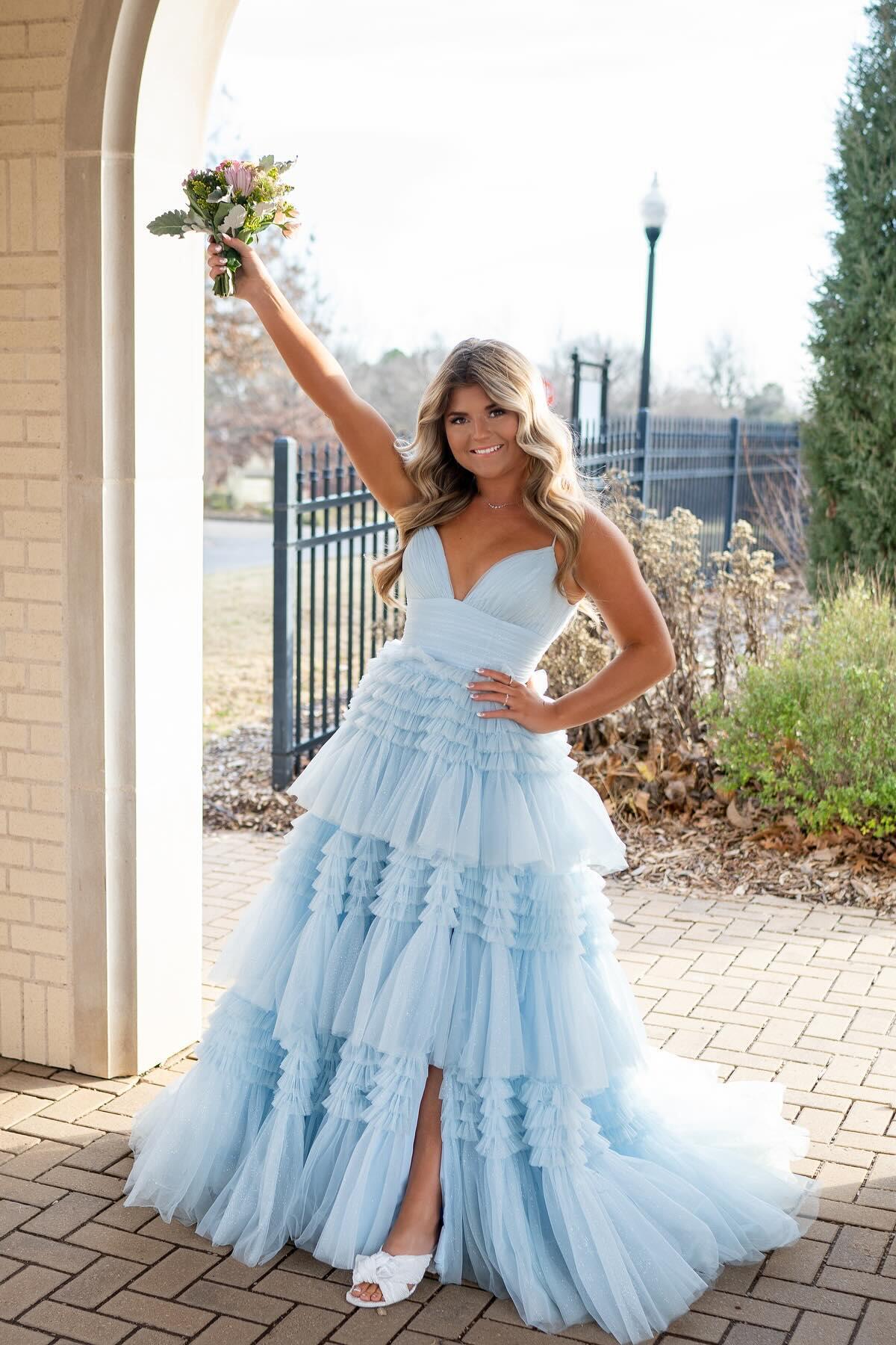 Champagne Tiered Ruffle Long Ball Gown with Straps - Image 16