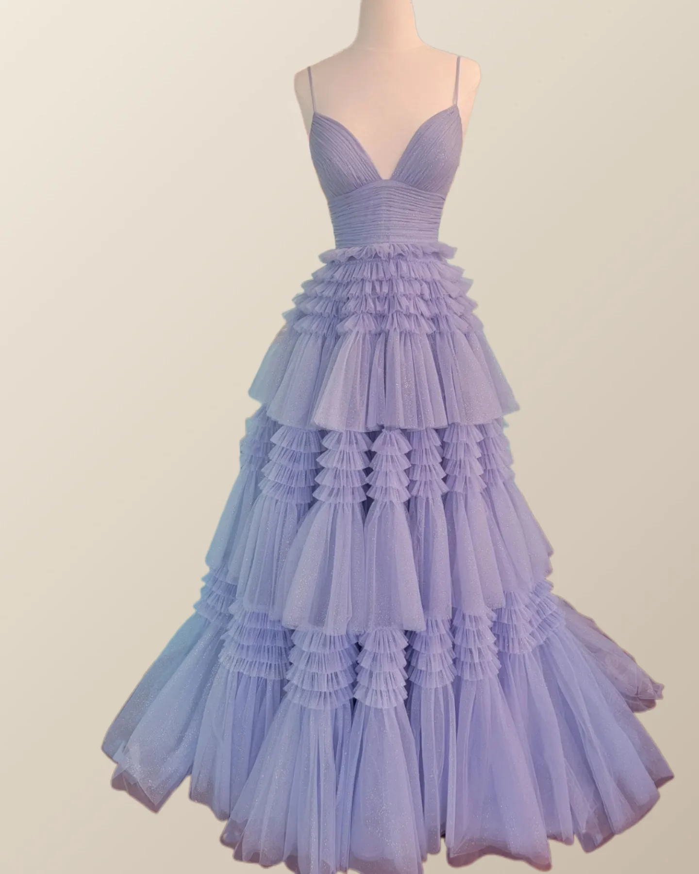 Champagne Tiered Ruffle Long Ball Gown with Straps - Image 10