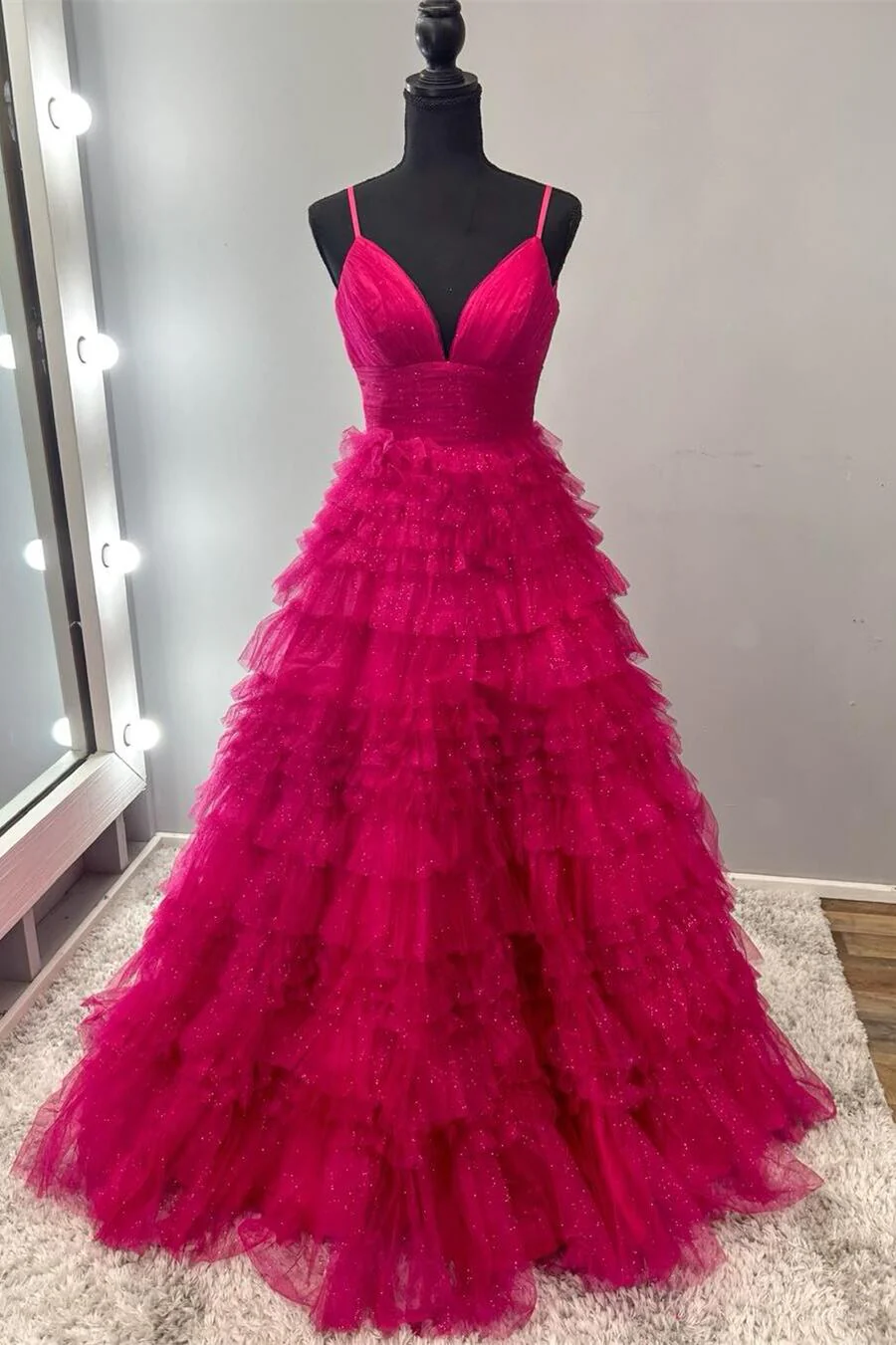 Champagne Tiered Ruffle Long Ball Gown with Straps - Image 12
