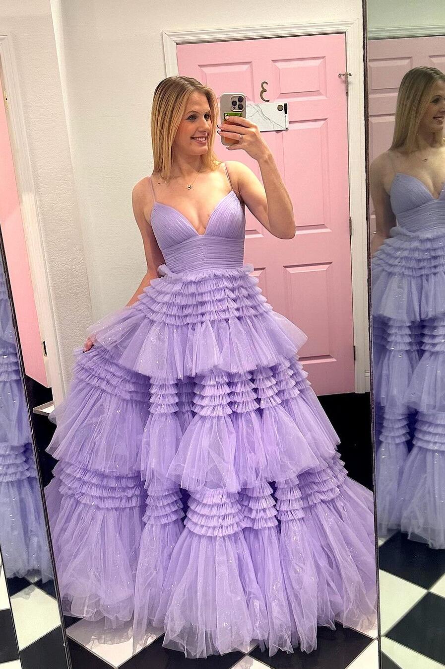 Champagne Tiered Ruffle Long Ball Gown with Straps - Image 14