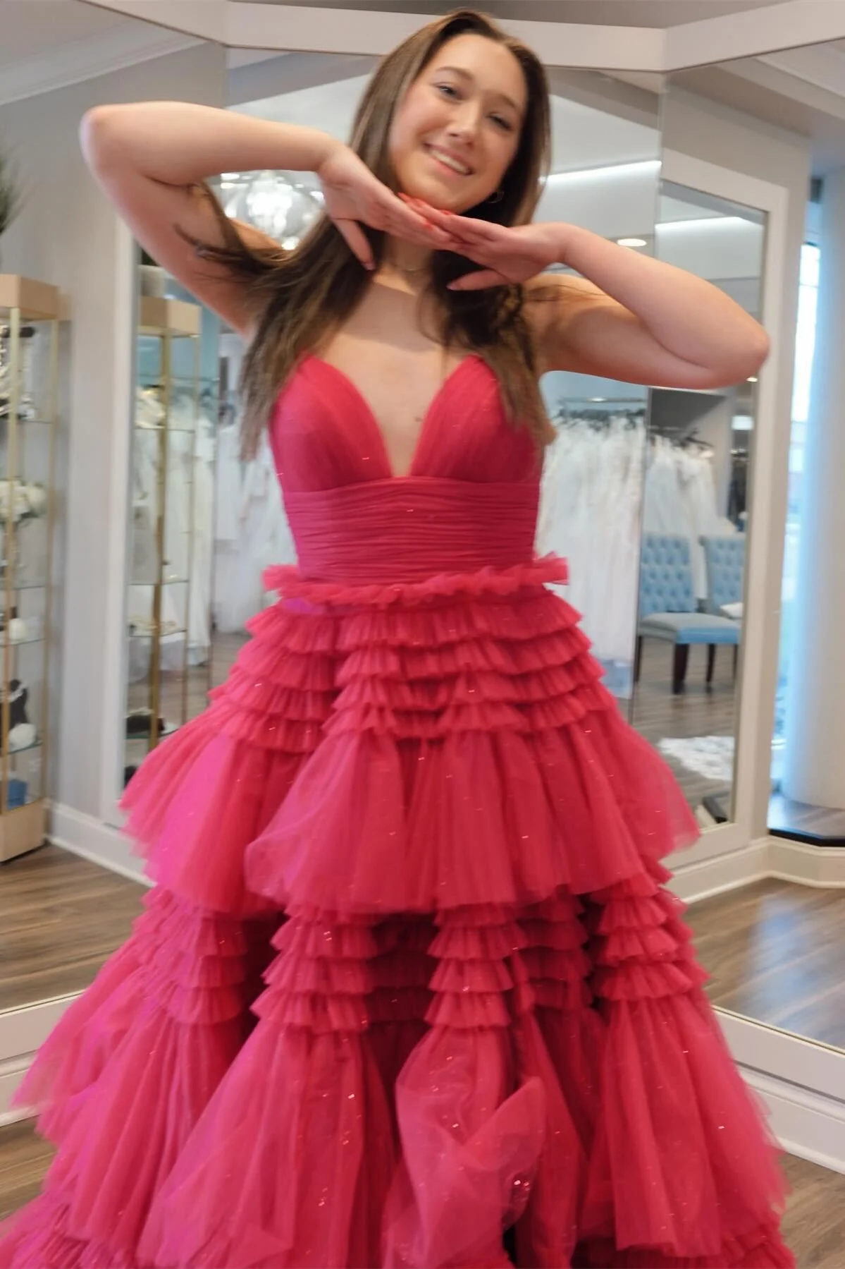 Champagne Tiered Ruffle Long Ball Gown with Straps - Image 17