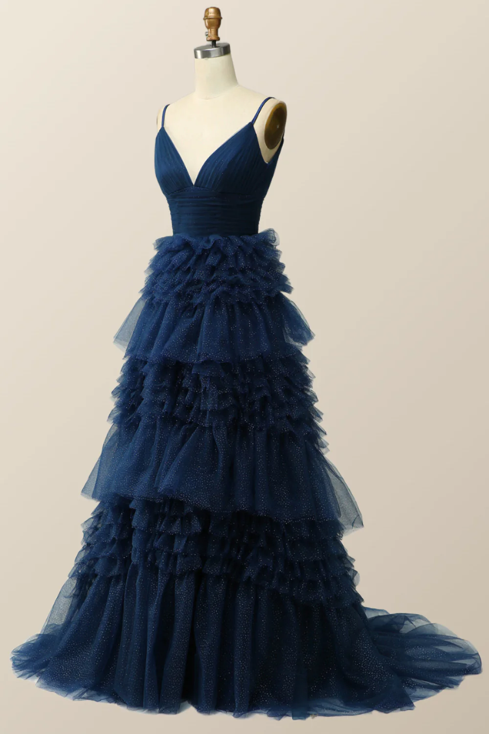 Champagne Tiered Ruffle Long Ball Gown with Straps - Image 5