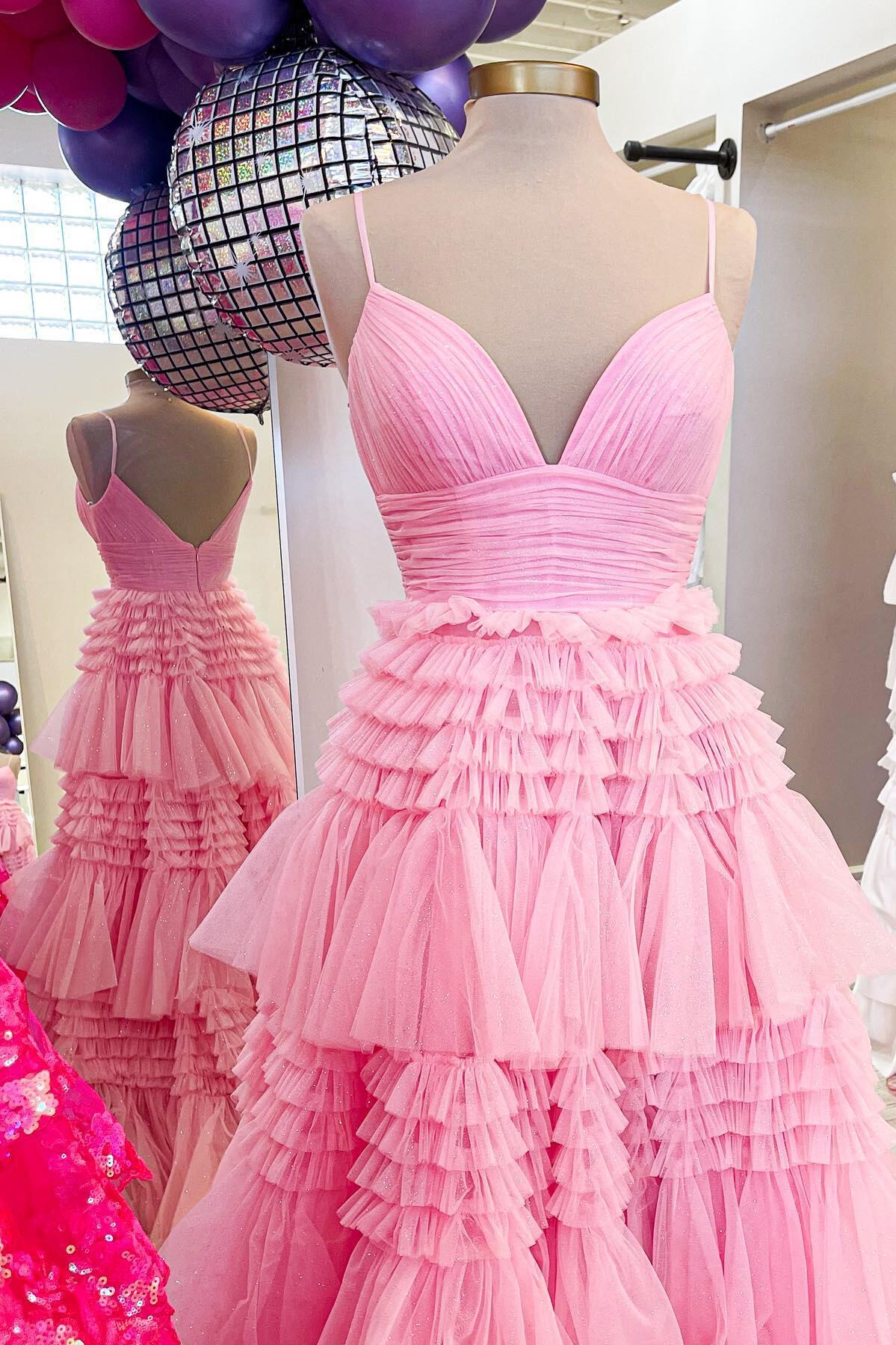 Champagne Tiered Ruffle Long Ball Gown with Straps - Image 7