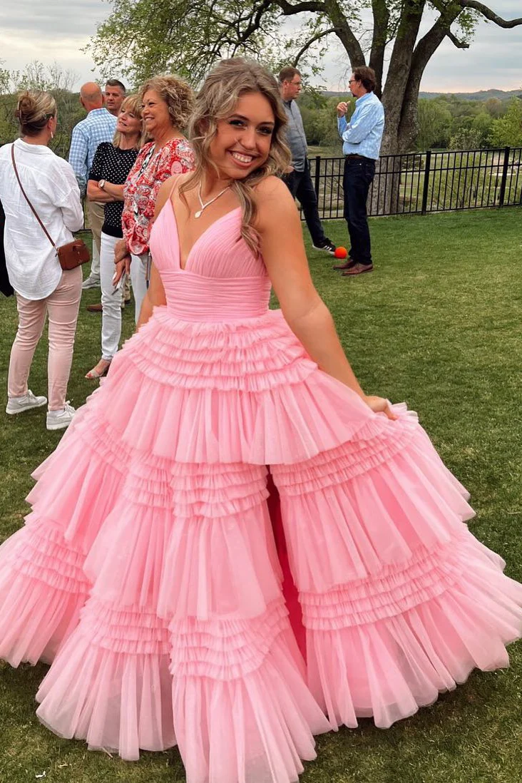 Champagne Tiered Ruffle Long Ball Gown with Straps - Image 8