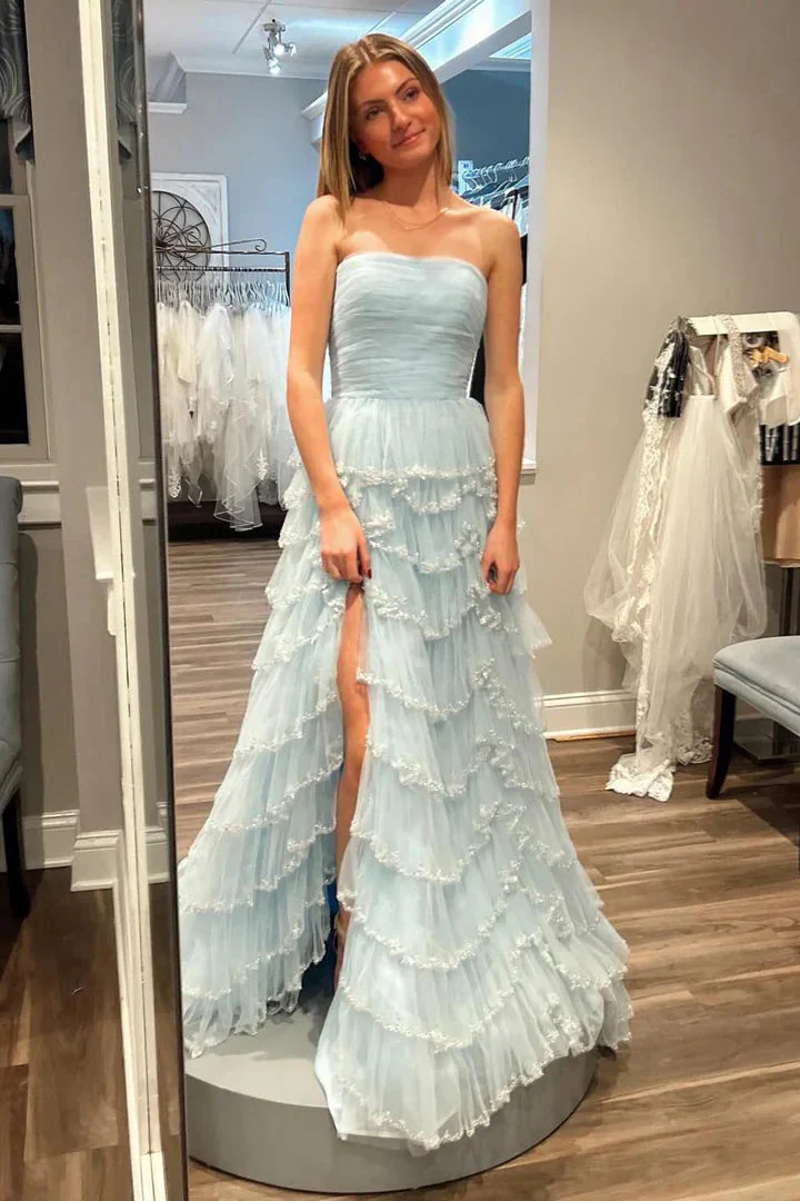 Light Blue Tulle Ruffle A-line Gown - Image 3