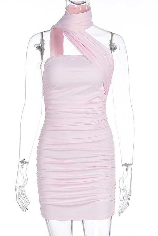 Light Pink One Shoulder Tight Short Dress - Image 4