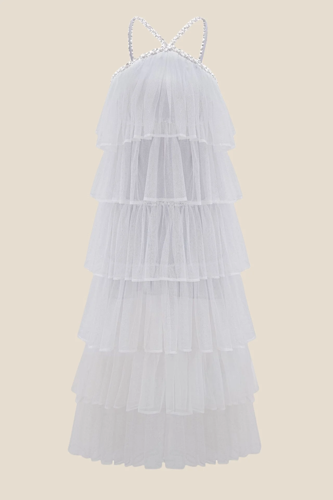 Light Pink Tiered A-line Long Dress with Diamonds - Image 3