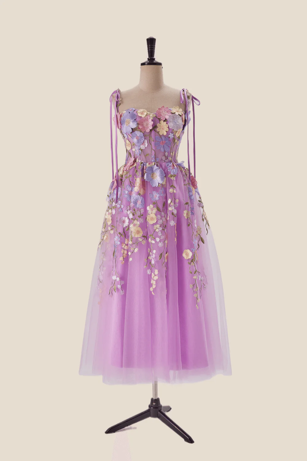 Lilac 3D Floral Tea Length Party Dress
