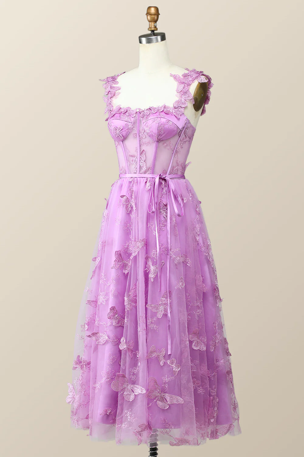 Lilac Butterfly Tulle A-line Midi Homecoming Dress - Image 3