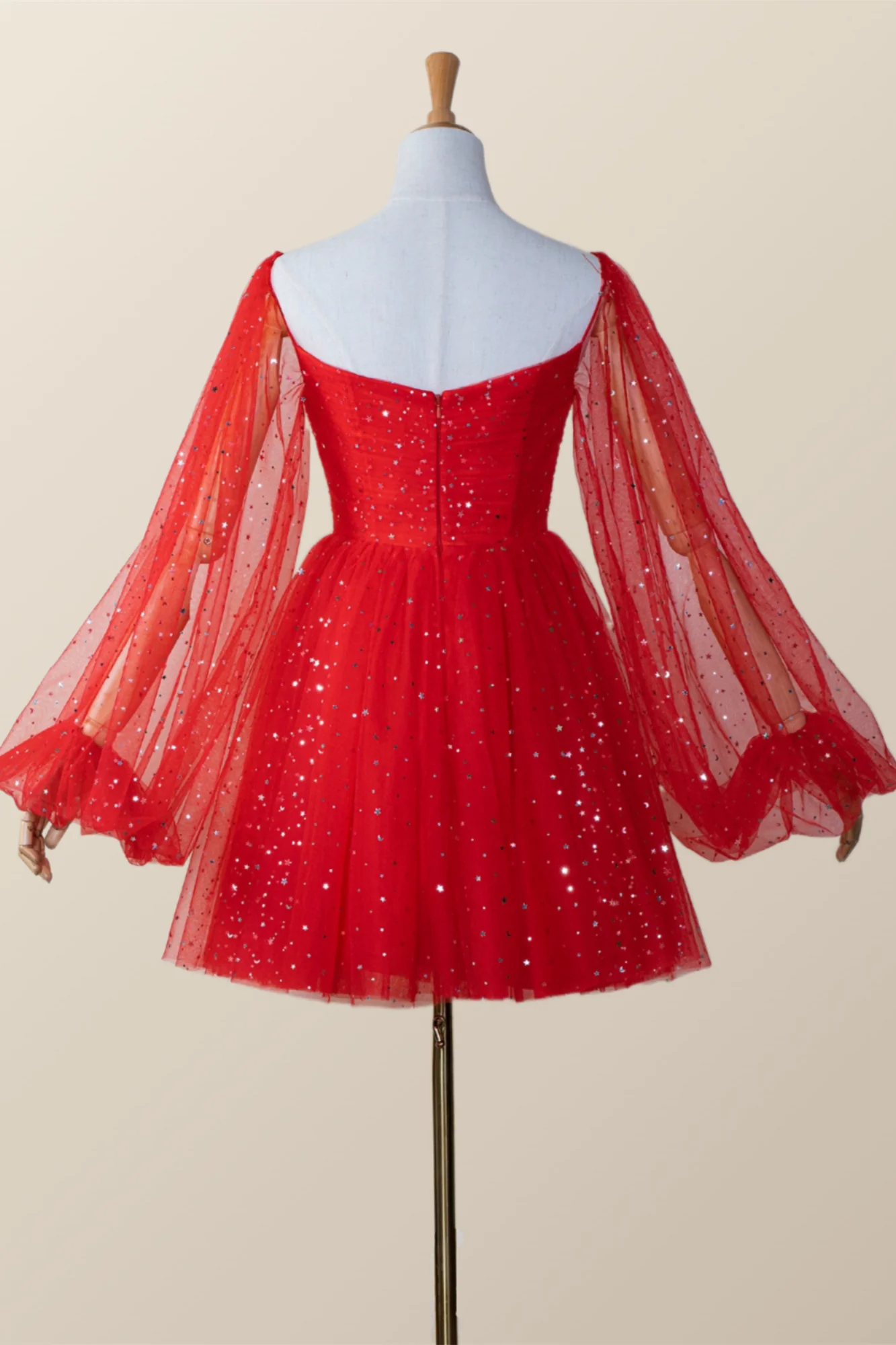 Long Puffy Sleeves Red Stars Mini Gown - Image 3
