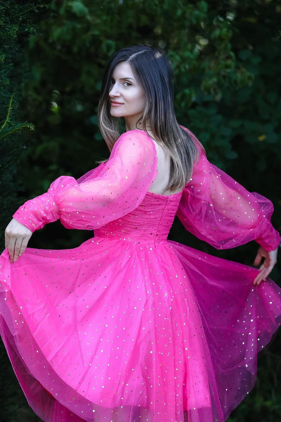 Long Puffy Sleeves Red Stars Mini Gown - Image 6