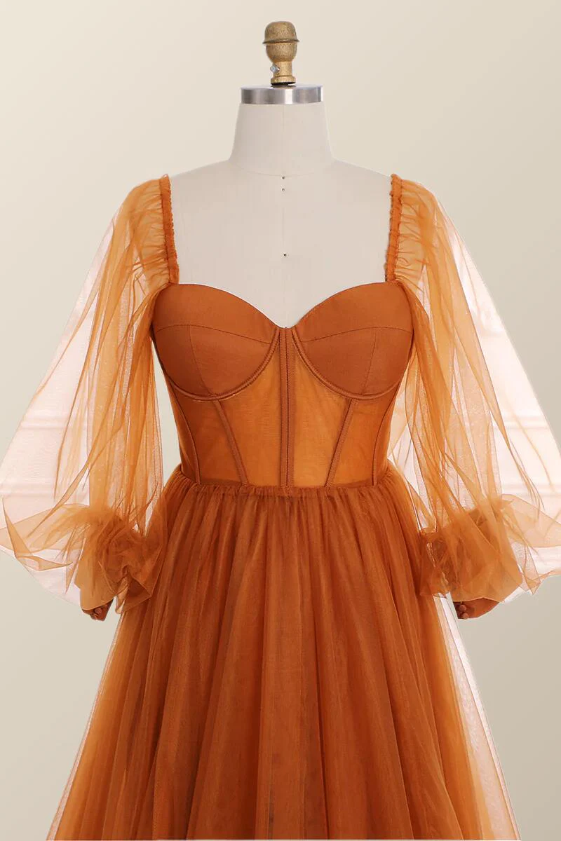 Long Sleeves Orange Tulle Long Formal Dress - Image 2