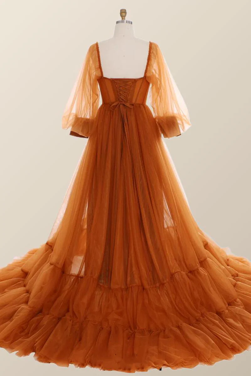 Long Sleeves Orange Tulle Long Formal Dress - Image 3