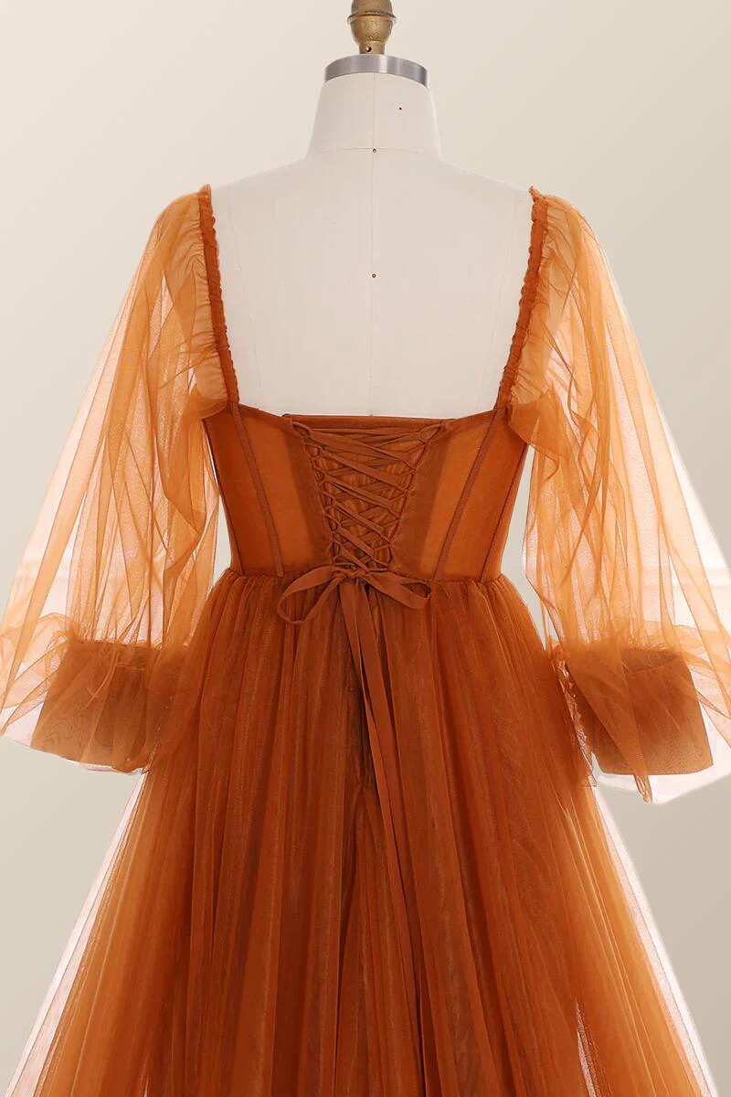 Long Sleeves Orange Tulle Long Formal Dress - Image 4