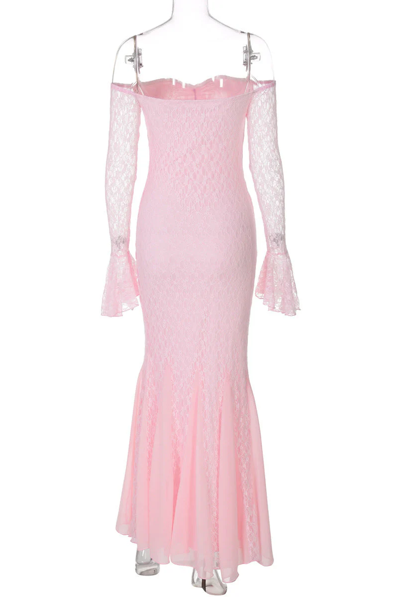 Long Sleeves Pink Lace Mermaid Long Party Dress - Image 2