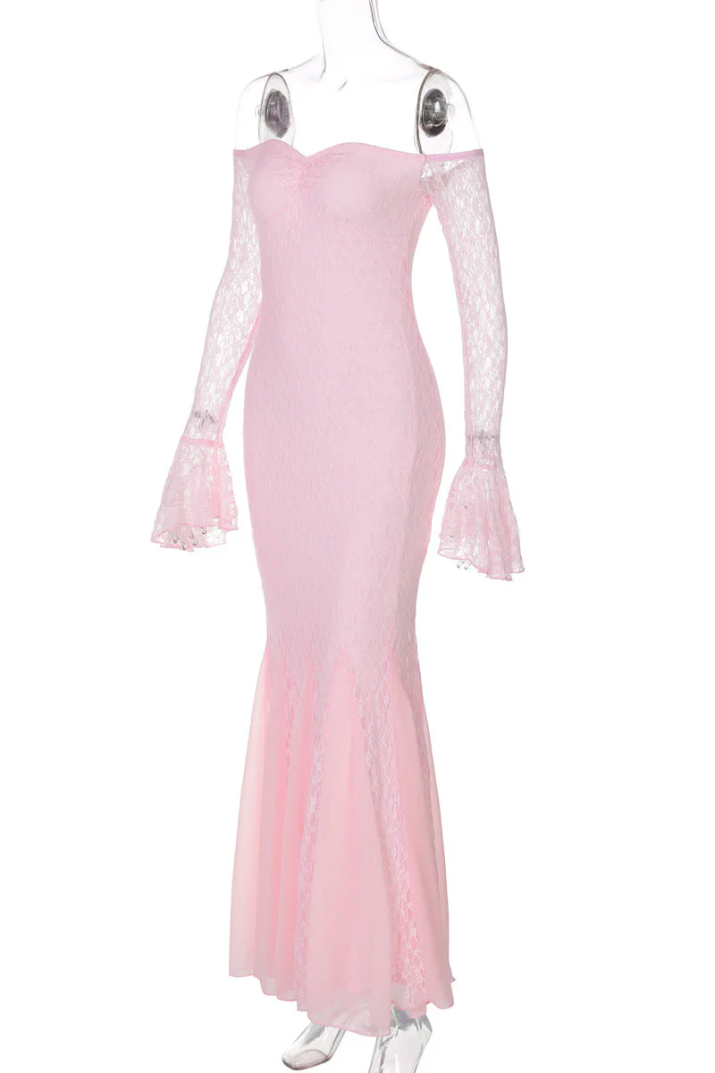 Long Sleeves Pink Lace Mermaid Long Party Dress - Image 3
