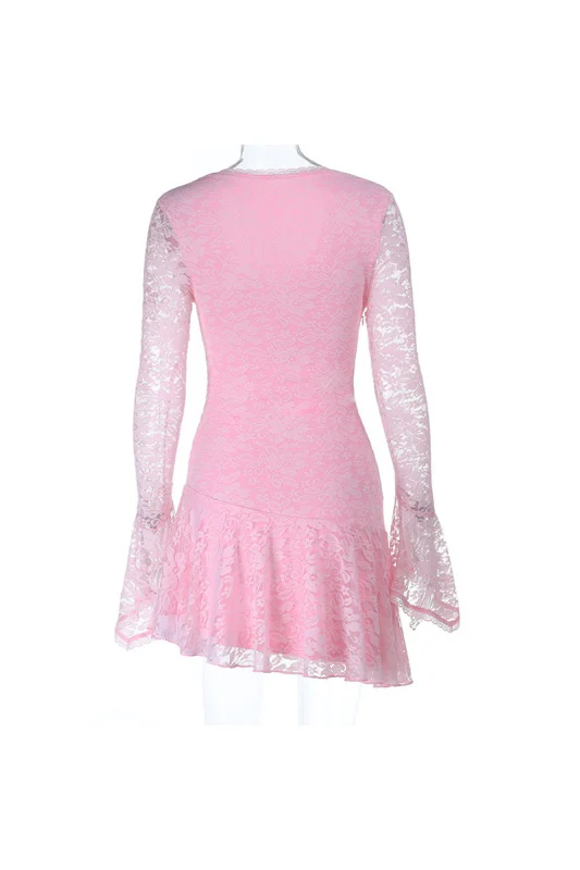 Long Sleeves Pink Lace Short Dress - Image 2