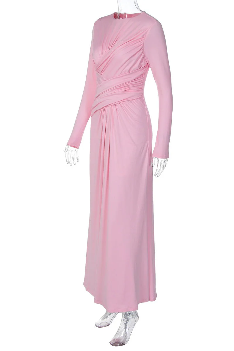 Long Sleeves Pink Ruched Long Dress - Image 3