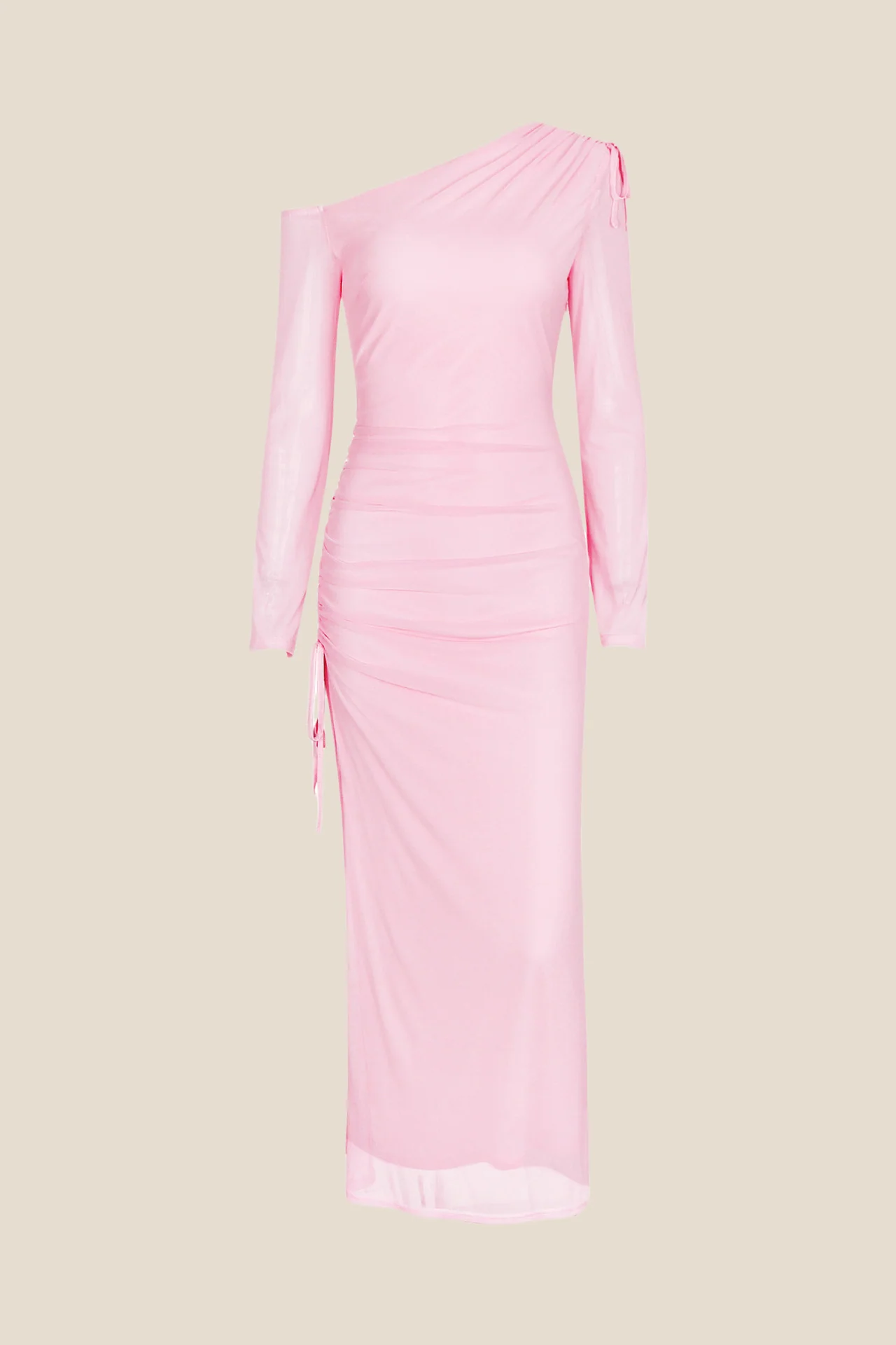 Long Sleeves Pink Ruched Long Dress with Slit