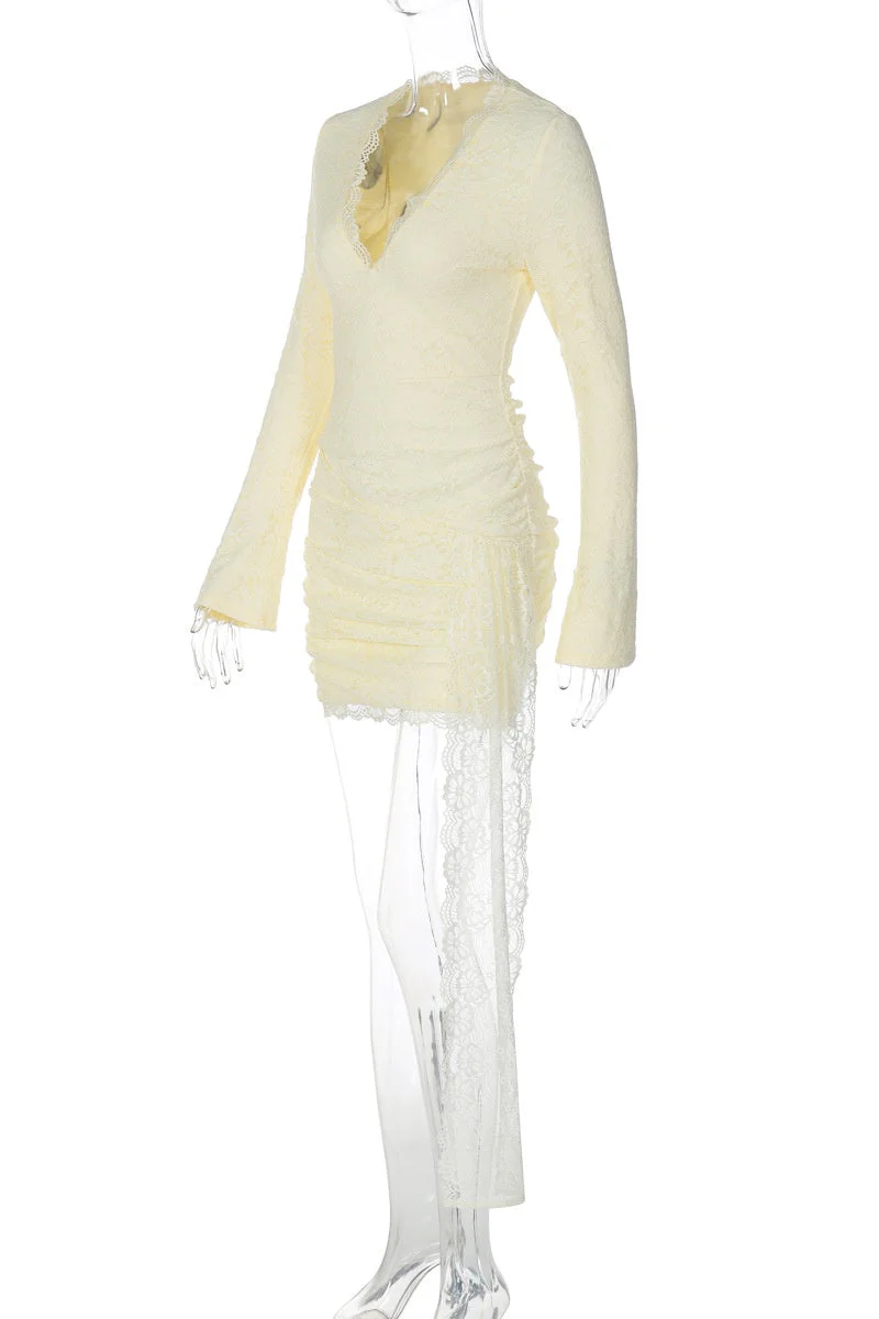 Long Sleeves Yellow Lace Tight Dress - Image 3
