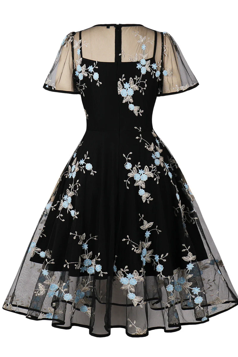 Mesh Black and Blue Floral Embroidery Dress - Image 2