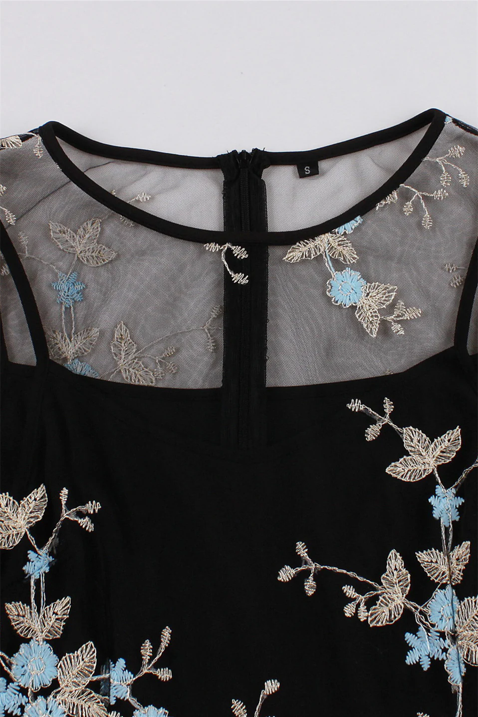 Mesh Black and Blue Floral Embroidery Dress - Image 3