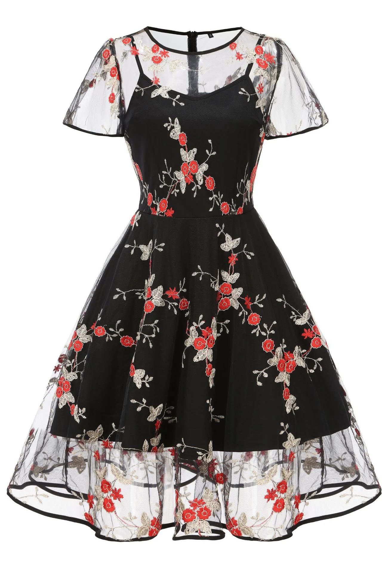 Mesh Black and Blue Floral Embroidery Dress - Image 6