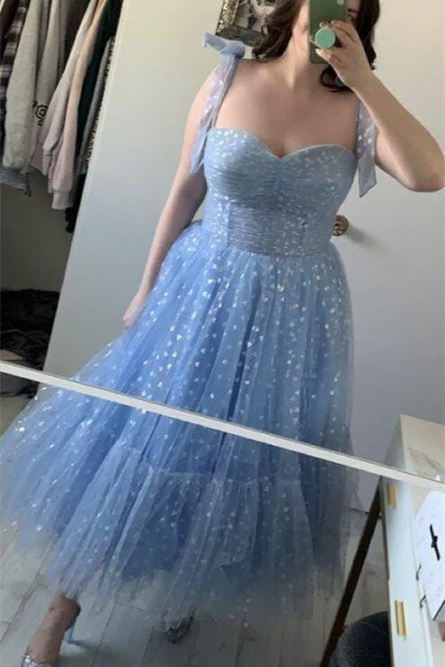 Mint Green Hearts Tea Length Dress with Straps - Image 3