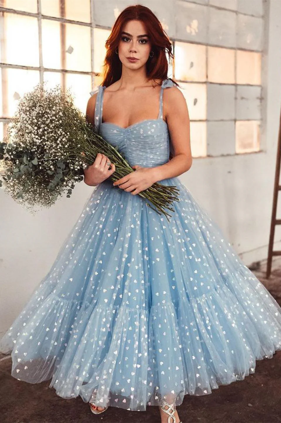 Mint Green Hearts Tea Length Dress with Straps - Image 4