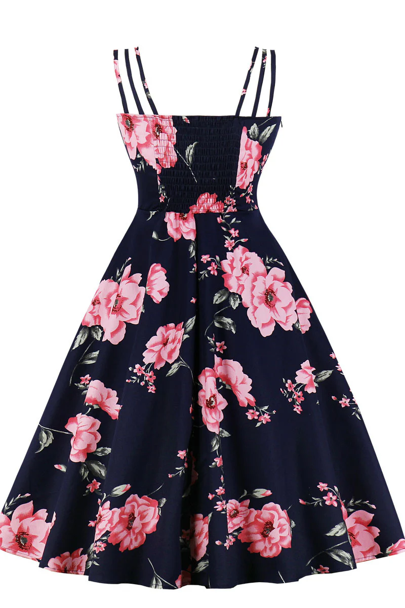 Navy Blue and Pink Floarl Swing Dress - Image 2