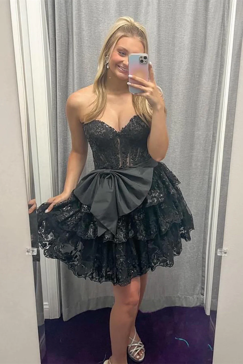 Navy Blue Appliques Ruffle Short Dress with Bow - Image 4