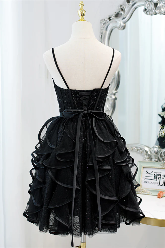 Navy Blue Beaded Ruffled Short A-line Party Dresss - Image 12
