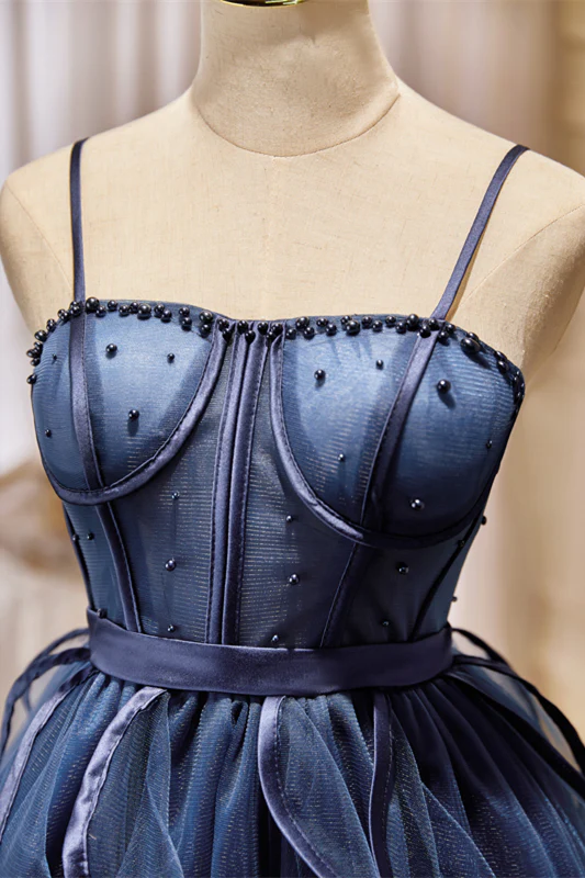 Navy Blue Beaded Ruffled Short A-line Party Dresss - Image 3