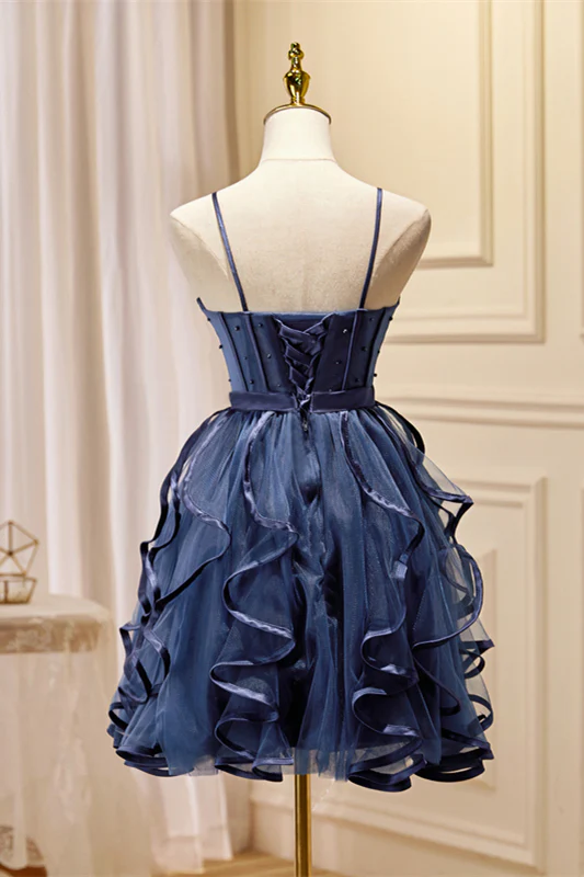 Navy Blue Beaded Ruffled Short A-line Party Dresss - Image 4