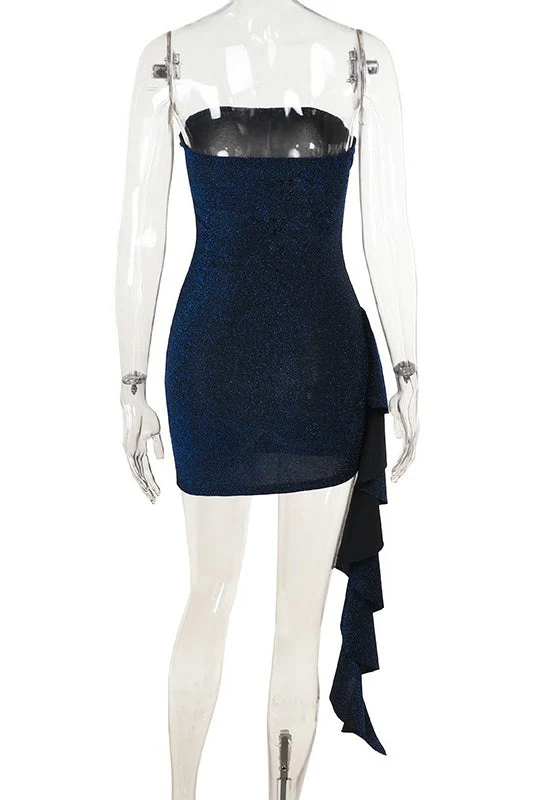 Strapless Blue Ruched Tight Short Dress with Train - Image 4