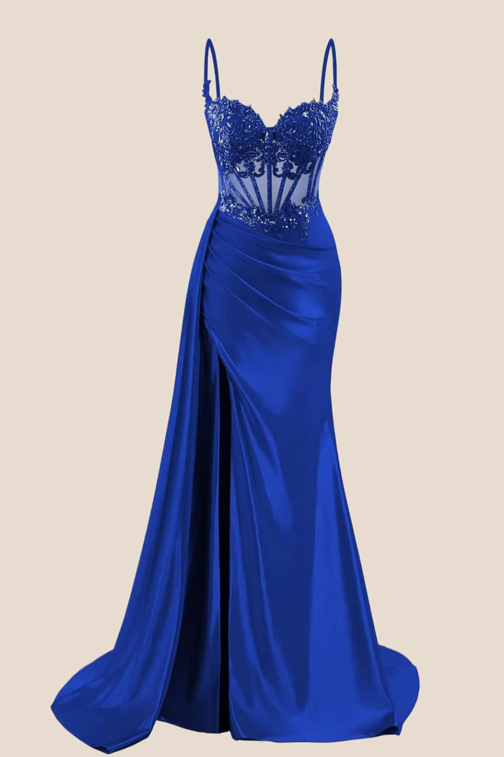 Navy Blue Corset Ruched Satin Prom Dress - Image 2