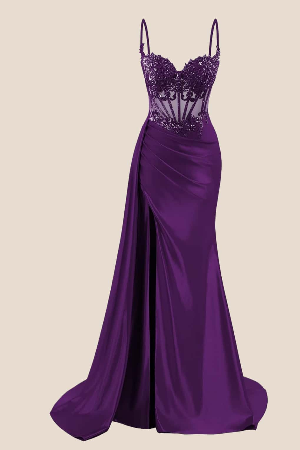 Navy Blue Corset Ruched Satin Prom Dress - Image 8