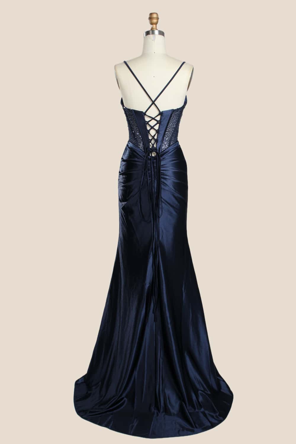Navy Blue Ruched Satin Fitted Party Dress - Image 2