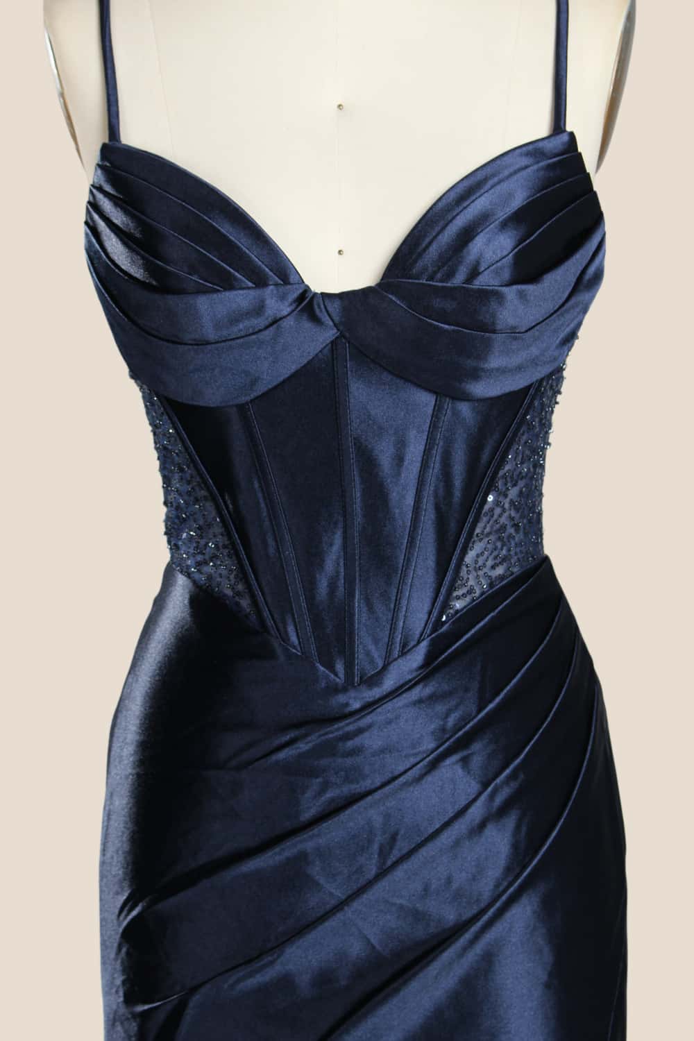 Navy Blue Ruched Satin Fitted Party Dress - Image 3