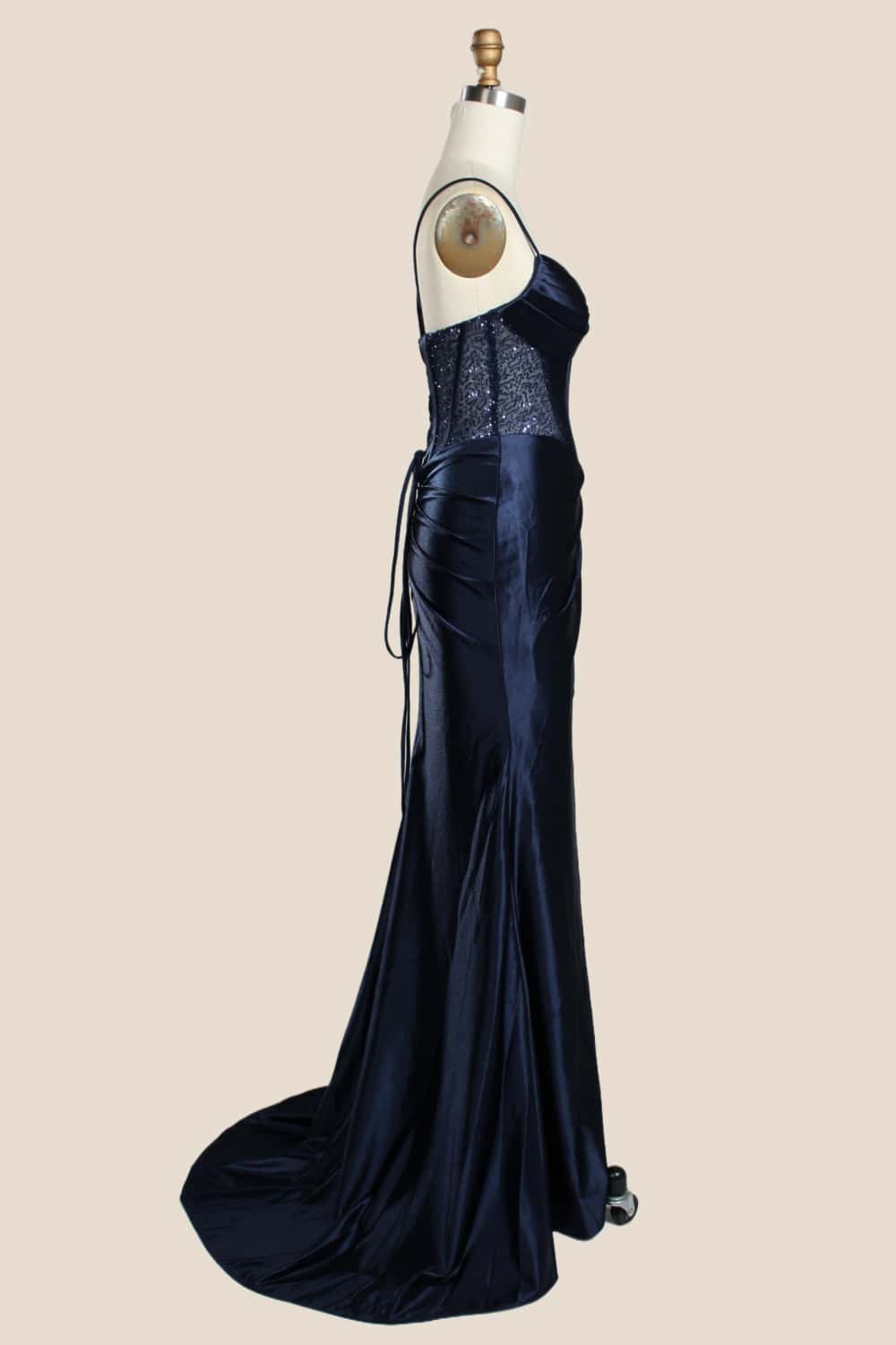 Navy Blue Ruched Satin Fitted Party Dress - Image 4