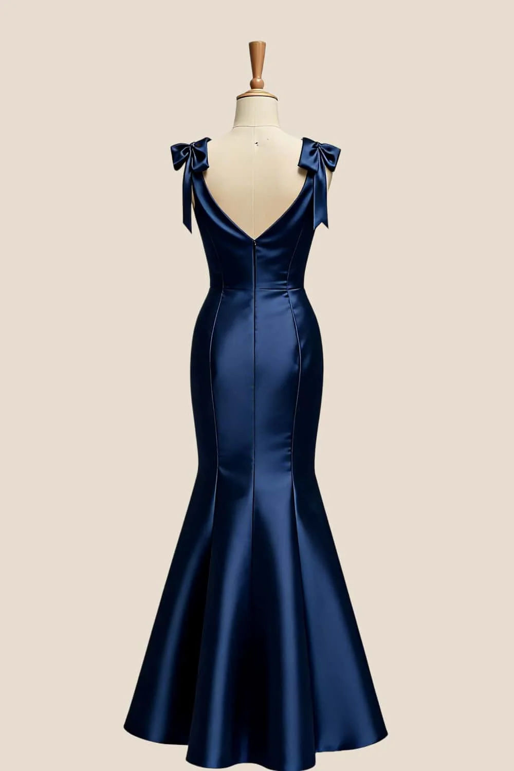 Navy Blue Satin Mermaid Bow Bridesmaid Dress - Image 2