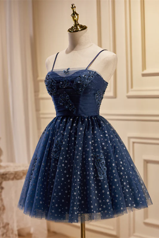 Navy Blue Straps Polk Dots Short A-line Party Dress - Image 2