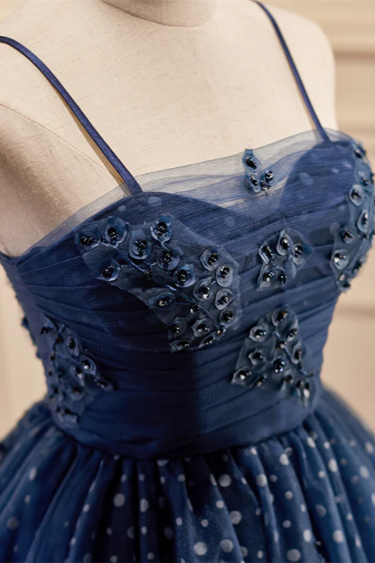 Navy Blue Straps Polk Dots Short A-line Party Dress - Image 3